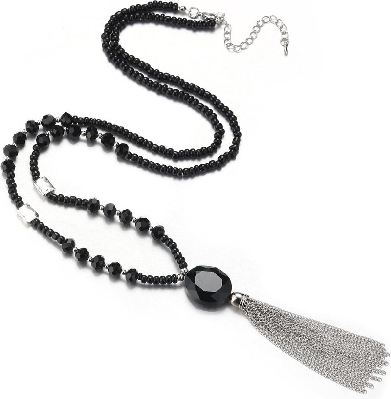 BULINLIN Boho Beaded Long Necklaces for Women Chunky Bead Pendant Necklace with Crystal Tassel Costume Jewelry Gifts for Her - Image 1